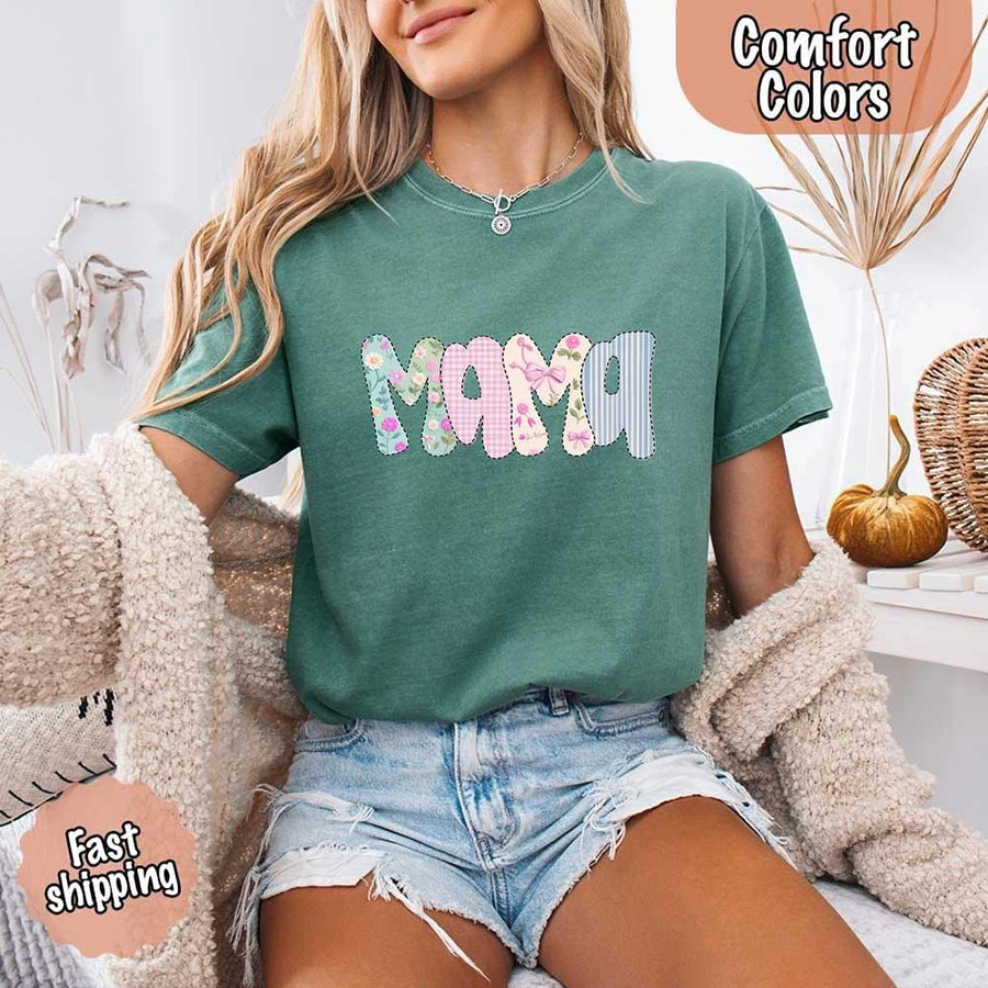 May include the word “Mama” in large playful letters, each filled with different pastel floral, gingham, bow, and striped patterns, creating a sweet and charming patchwork design perfect for moms.