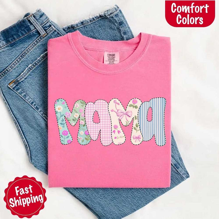 May include the word “Mama” in large playful letters, each filled with different pastel floral, gingham, bow, and striped patterns, creating a sweet and charming patchwork design perfect for moms.