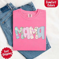 May include the word “Mama” in large playful letters, each filled with different pastel floral, gingham, bow, and striped patterns, creating a sweet and charming patchwork design perfect for moms.