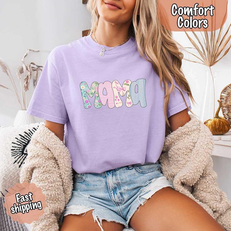 May include the word “Mama” in large playful letters, each filled with different pastel floral, gingham, bow, and striped patterns, creating a sweet and charming patchwork design perfect for moms.