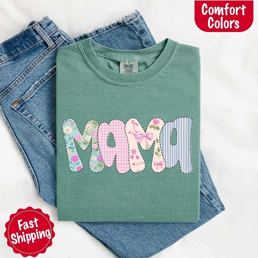 May include the word “Mama” in large playful letters, each filled with different pastel floral, gingham, bow, and striped patterns, creating a sweet and charming patchwork design perfect for moms.