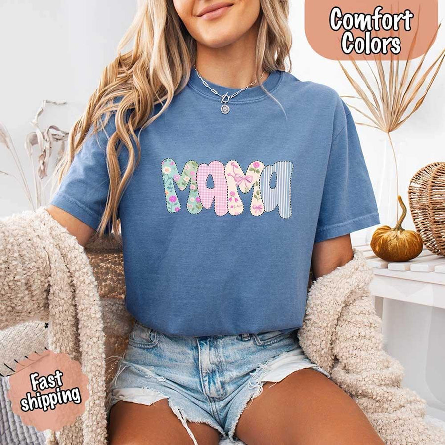 May include the word “Mama” in large playful letters, each filled with different pastel floral, gingham, bow, and striped patterns, creating a sweet and charming patchwork design perfect for moms.