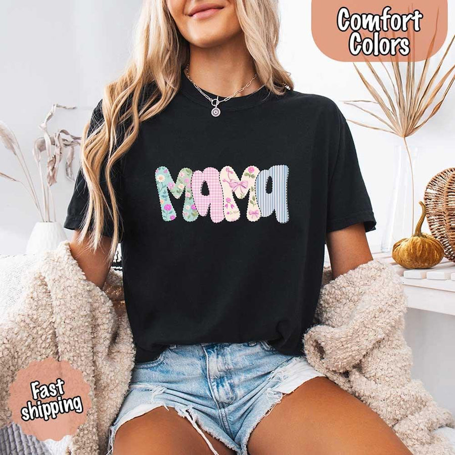 May include the word “Mama” in large playful letters, each filled with different pastel floral, gingham, bow, and striped patterns, creating a sweet and charming patchwork design perfect for moms.