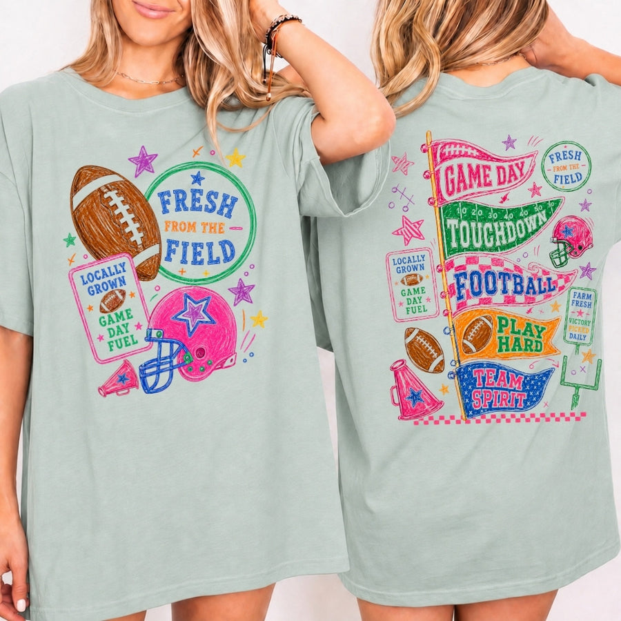 May include a Fresh from the Field Comfort Colors Football Game Day Tee featuring a football-inspired design on a casual short-sleeve shirt.