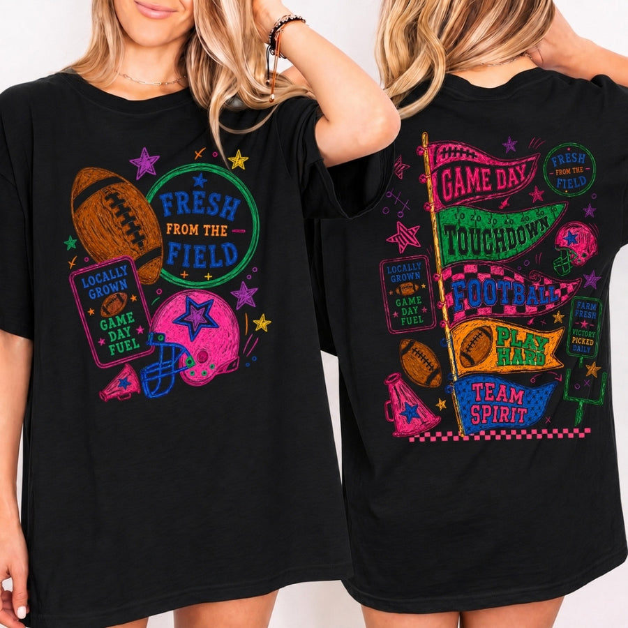 May include a Fresh from the Field Comfort Colors Football Game Day Tee featuring a football-inspired design on a casual short-sleeve shirt.