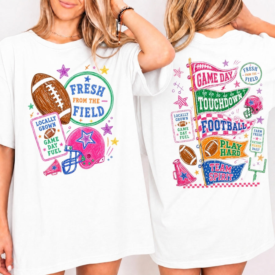May include a Fresh from the Field Comfort Colors Football Game Day Tee featuring a football-inspired design on a casual short-sleeve shirt.