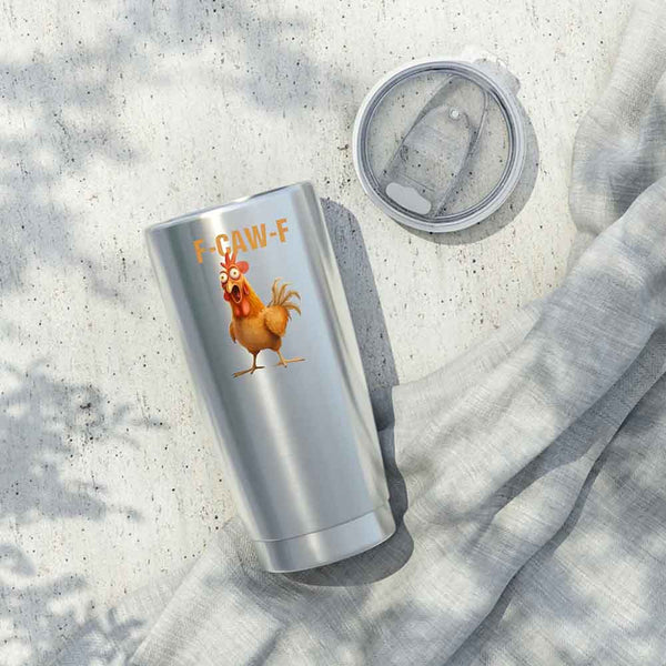 May include a stainless steel tumbler featuring a funny rooster design and the words “F-Caw-F,” shown on a rustic farmhouse background.