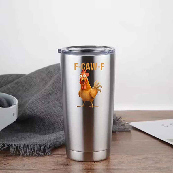 May include a stainless steel tumbler featuring a funny rooster design and the words “F-Caw-F,” shown on a rustic farmhouse background.