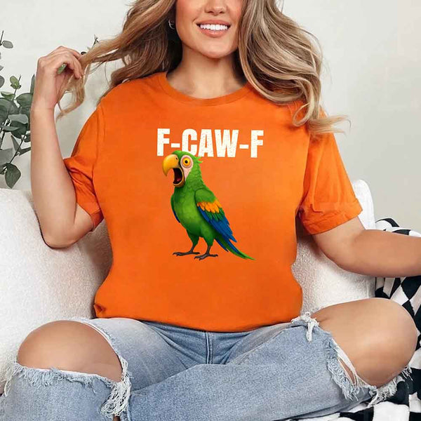May include a unisex T-shirt with a colorful parrot and the humorous phrase F-Caw-F printed in bold detail.