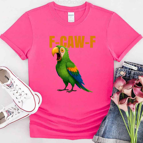 May include a unisex T-shirt with a colorful parrot and the humorous phrase F-Caw-F printed in bold detail.
