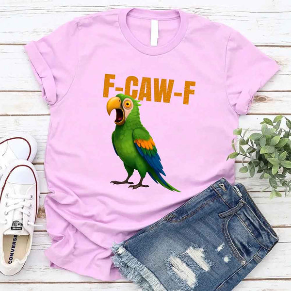 May include a unisex T-shirt with a colorful parrot and the humorous phrase F-Caw-F printed in bold detail.