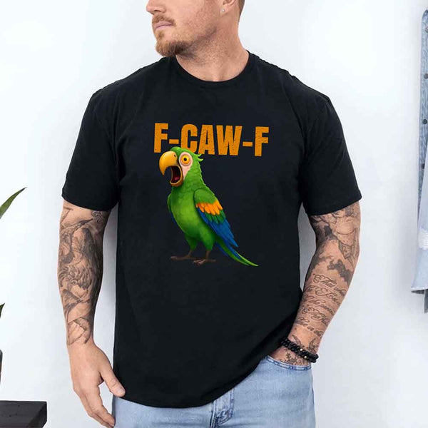 May include a unisex T-shirt with a colorful parrot and the humorous phrase F-Caw-F printed in bold detail.