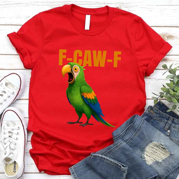 May include a unisex T-shirt with a colorful parrot and the humorous phrase F-Caw-F printed in bold detail.