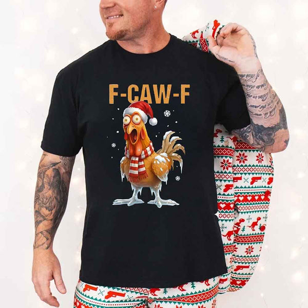 May include a Funny F-Caw-F Rooster Christmas shirt with bold chicken holiday graphic on a unisex tee.
