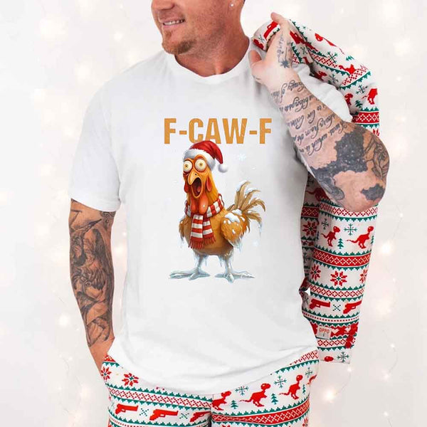 May include a Funny F-Caw-F Rooster Christmas shirt with bold chicken holiday graphic on a unisex tee.