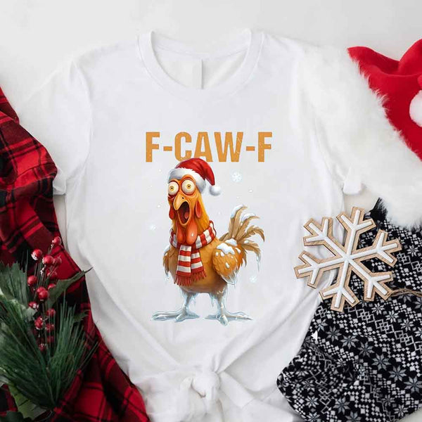 May include a Funny F-Caw-F Rooster Christmas shirt with bold chicken holiday graphic on a unisex tee.