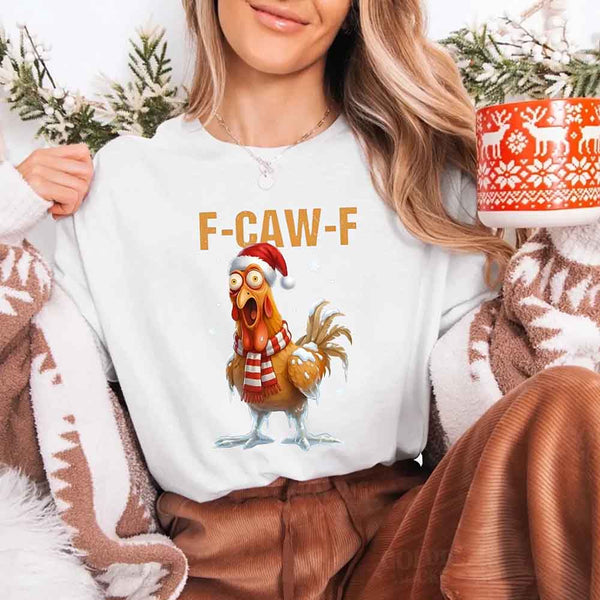 May include a Funny F-Caw-F Rooster Christmas shirt with bold chicken holiday graphic on a unisex tee.