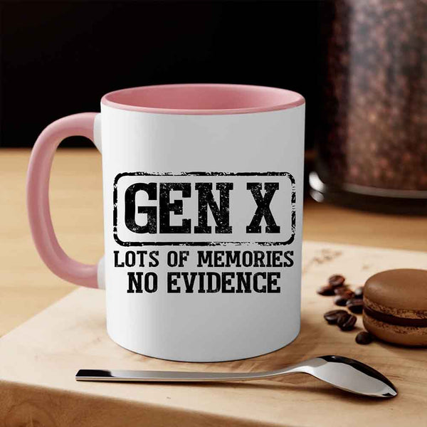 May include a ceramic mug featuring a humorous Gen X printed saying.