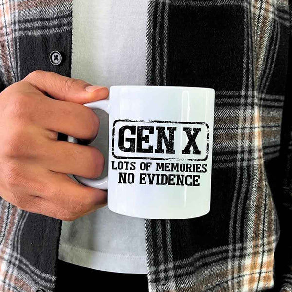 May include a ceramic mug featuring a humorous Gen X printed saying.