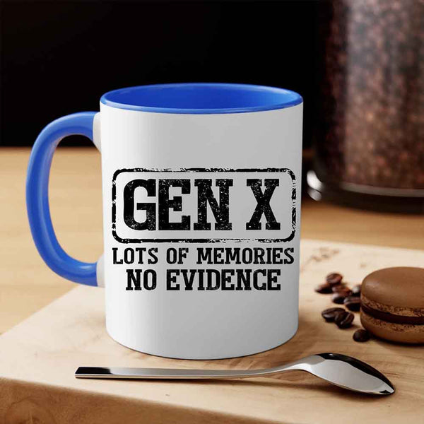 May include a ceramic mug featuring a humorous Gen X printed saying.