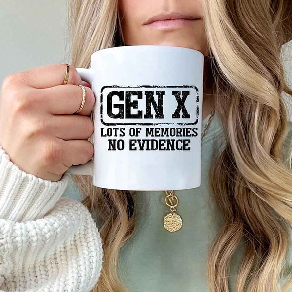 May include a ceramic mug featuring a humorous Gen X printed saying.