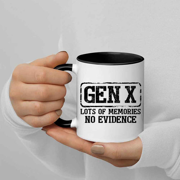 May include a ceramic mug featuring a humorous Gen X printed saying.