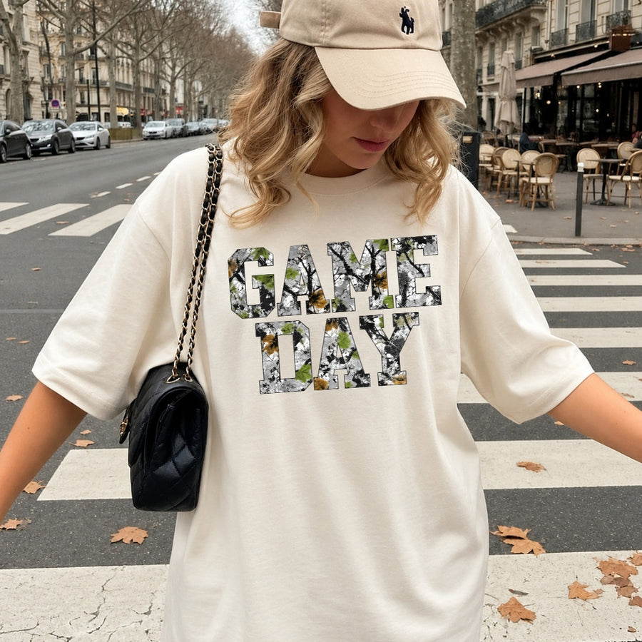 May include a Game Day Comfort Colors Camo Print Football Season Tee featuring a bold camo-inspired game day design.