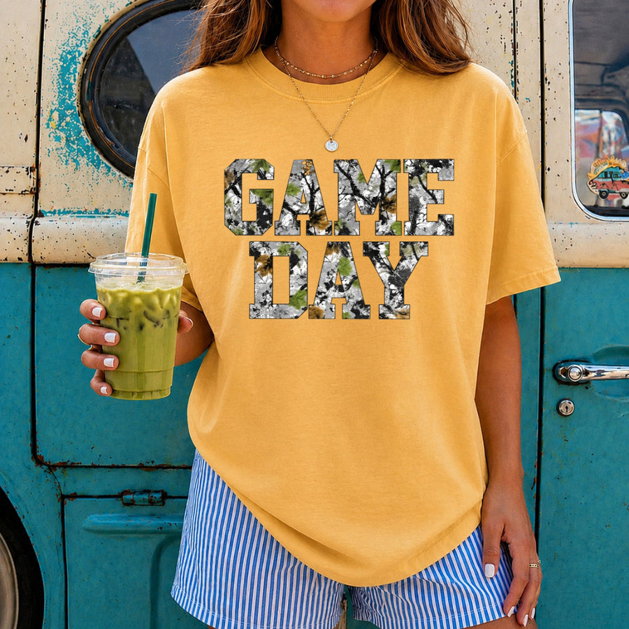 May include a Game Day Comfort Colors Camo Print Football Season Tee featuring a bold camo-inspired game day design.
