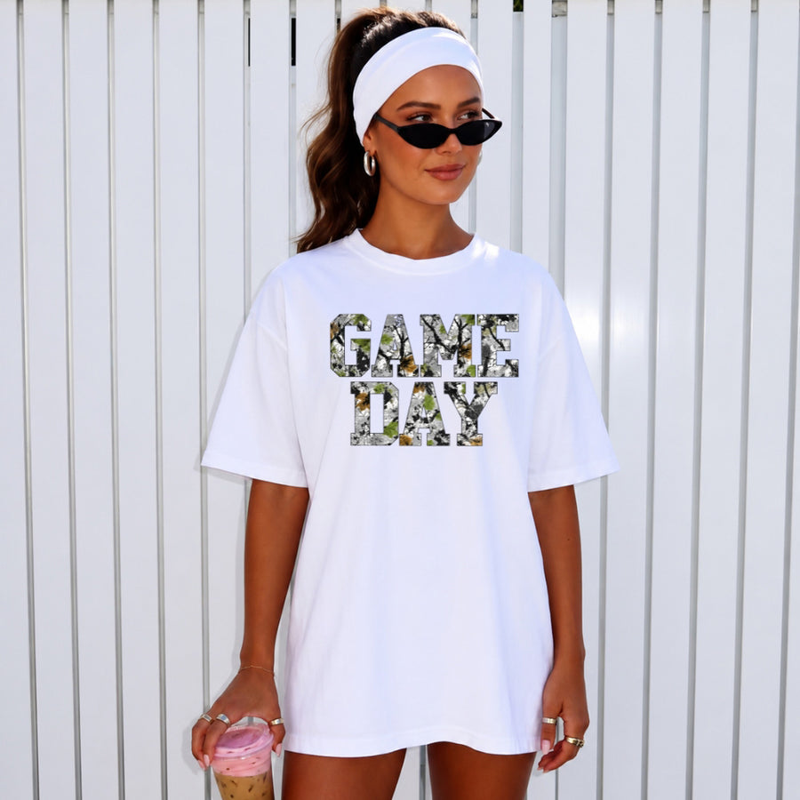 May include a Game Day Comfort Colors Camo Print Football Season Tee featuring a bold camo-inspired game day design.