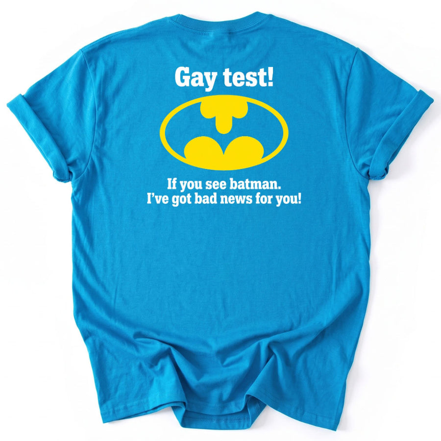 May include a Gay Test Funny Statement T-Shirt featuring a humorous slogan design, ideal for fans of funny graphic tees, playful statements, and casual novelty apparel.
