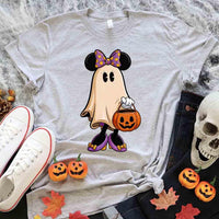 Gray t-shirt with a ghost wearing a bow and holding a pumpkin, surrounded by Halloween decorations.