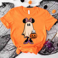 Orange t-shirt with a ghost character holding a pumpkin on a Halloween-themed background