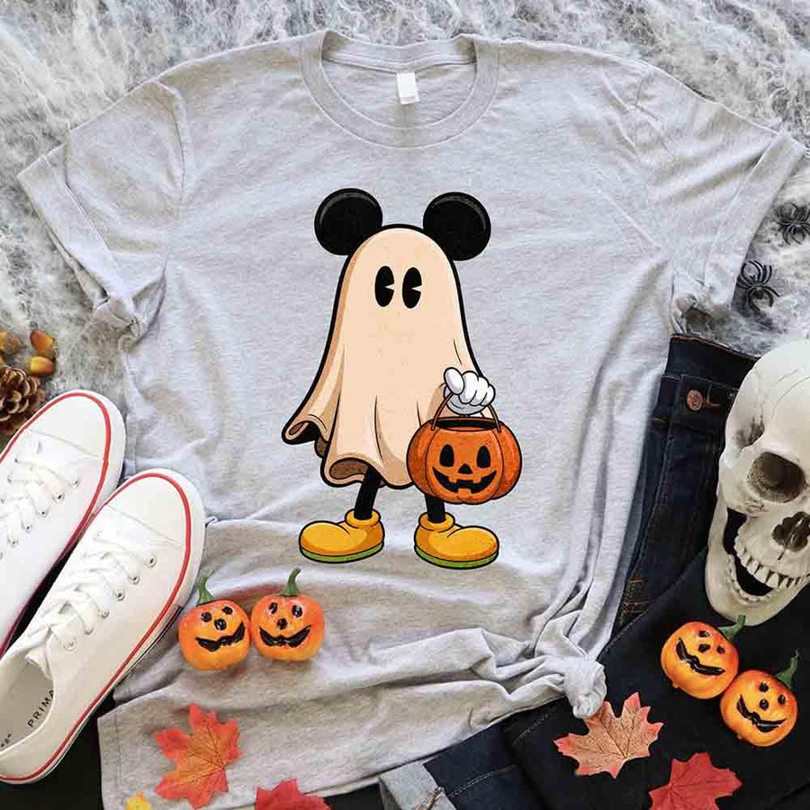 Gray t-shirt with a ghost wearing Mickey Mouse ears and holding a pumpkin, surrounded by Halloween decorations.