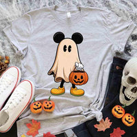 Gray t-shirt with a ghost wearing Mickey Mouse ears and holding a pumpkin, surrounded by Halloween decorations.