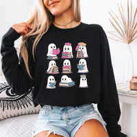 May include Ghost Reading Comfort Colors Halloween long sleeve shirt with ghost reading a book graphic, garment-dyed cotton, and relaxed unisex fit
