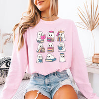 May include Ghost Reading Comfort Colors Halloween long sleeve shirt with ghost reading a book graphic, garment-dyed cotton, and relaxed unisex fit