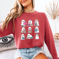 May include Ghost Reading Comfort Colors Halloween long sleeve shirt with ghost reading a book graphic, garment-dyed cotton, and relaxed unisex fit