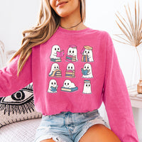 May include Ghost Reading Comfort Colors Halloween long sleeve shirt with ghost reading a book graphic, garment-dyed cotton, and relaxed unisex fit