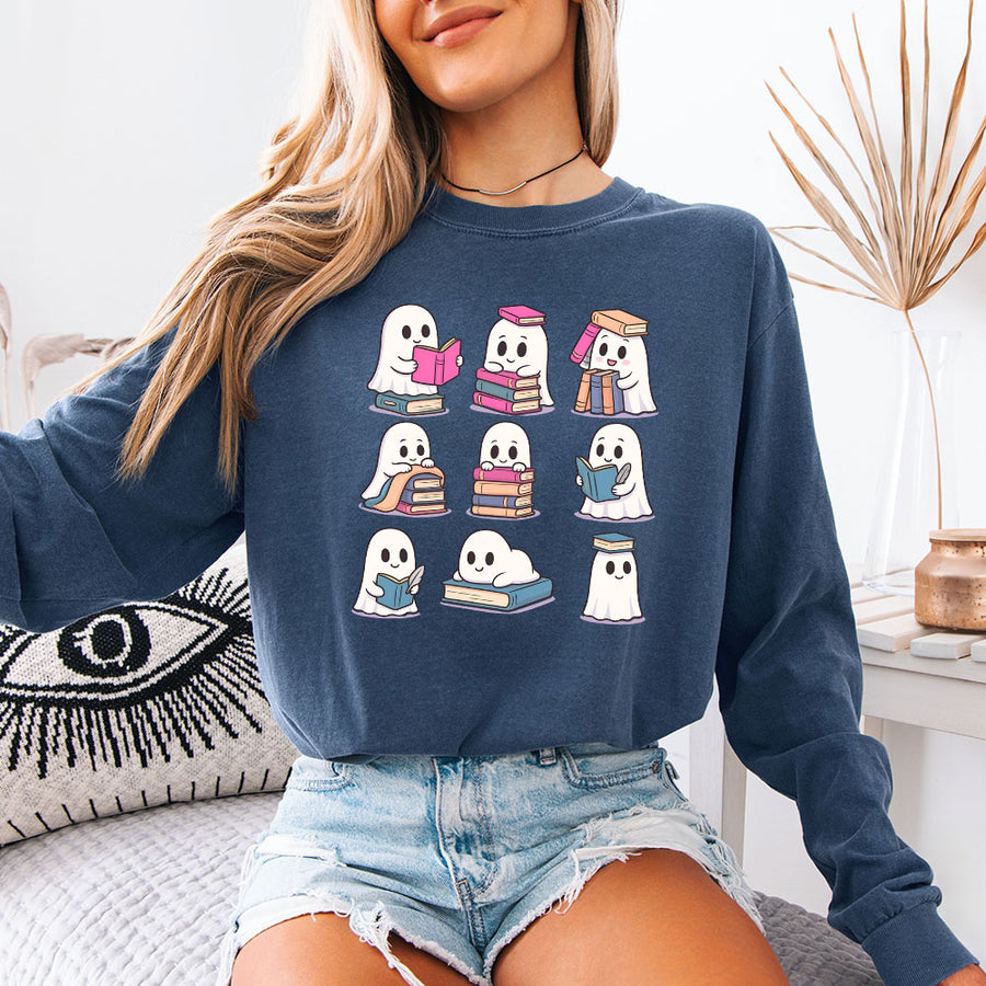 May include Ghost Reading Comfort Colors Halloween long sleeve shirt with ghost reading a book graphic, garment-dyed cotton, and relaxed unisex fit