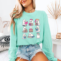 May include Ghost Reading Comfort Colors Halloween long sleeve shirt with ghost reading a book graphic, garment-dyed cotton, and relaxed unisex fit
