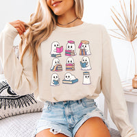 May include Ghost Reading Comfort Colors Halloween long sleeve shirt with ghost reading a book graphic, garment-dyed cotton, and relaxed unisex fit