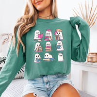May include Ghost Reading Comfort Colors Halloween long sleeve shirt with ghost reading a book graphic, garment-dyed cotton, and relaxed unisex fit