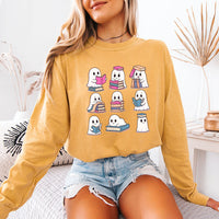 May include Ghost Reading Comfort Colors Halloween long sleeve shirt with ghost reading a book graphic, garment-dyed cotton, and relaxed unisex fit