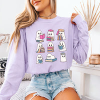May include Ghost Reading Comfort Colors Halloween long sleeve shirt with ghost reading a book graphic, garment-dyed cotton, and relaxed unisex fit