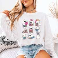 May include Ghost Reading Comfort Colors Halloween long sleeve shirt with ghost reading a book graphic, garment-dyed cotton, and relaxed unisex fit