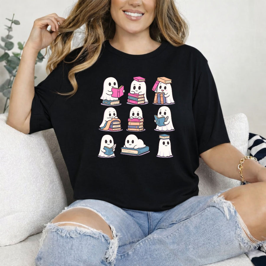 May include Ghost Reading Halloween shirt with cute ghost reading a book graphic, classic unisex fit, and soft cotton fabric