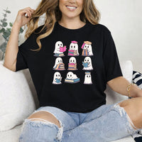 May include Ghost Reading Halloween shirt with cute ghost reading a book graphic, classic unisex fit, and soft cotton fabric