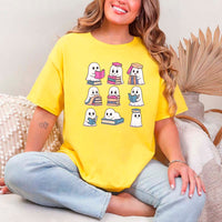 May include Ghost Reading Halloween shirt with cute ghost reading a book graphic, classic unisex fit, and soft cotton fabric