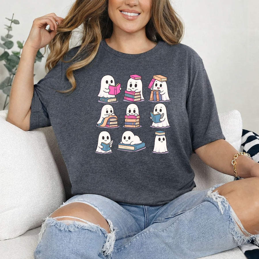 May include Ghost Reading Halloween shirt with cute ghost reading a book graphic, classic unisex fit, and soft cotton fabric