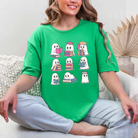 May include Ghost Reading Halloween shirt with cute ghost reading a book graphic, classic unisex fit, and soft cotton fabric